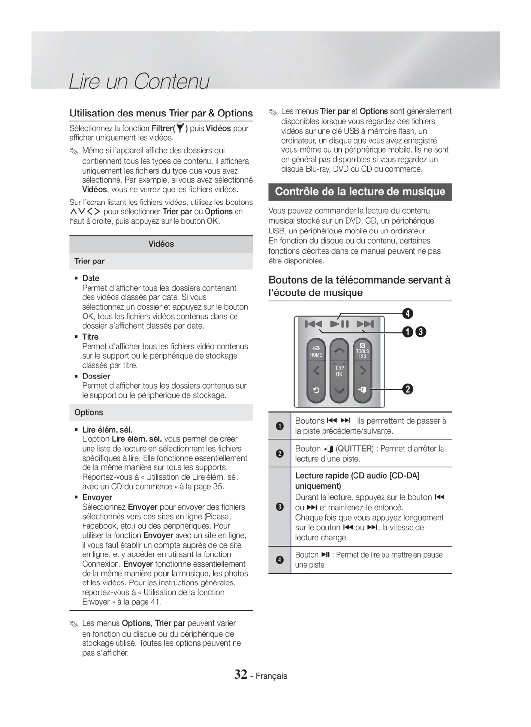 Samsung HT-H7750WM/ZF, HT-H7500WM/ZF manual Utilisation des menus Trier par & Options, Contrôle de la lecture de musique 