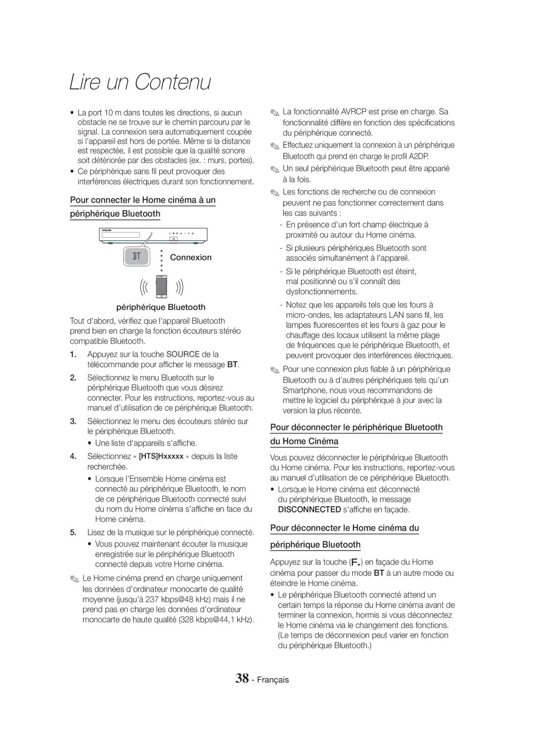 Samsung HT-H7750WM/ZF, HT-H7500WM/ZF manual Pour connecter le Home cinéma à un Périphérique Bluetooth 