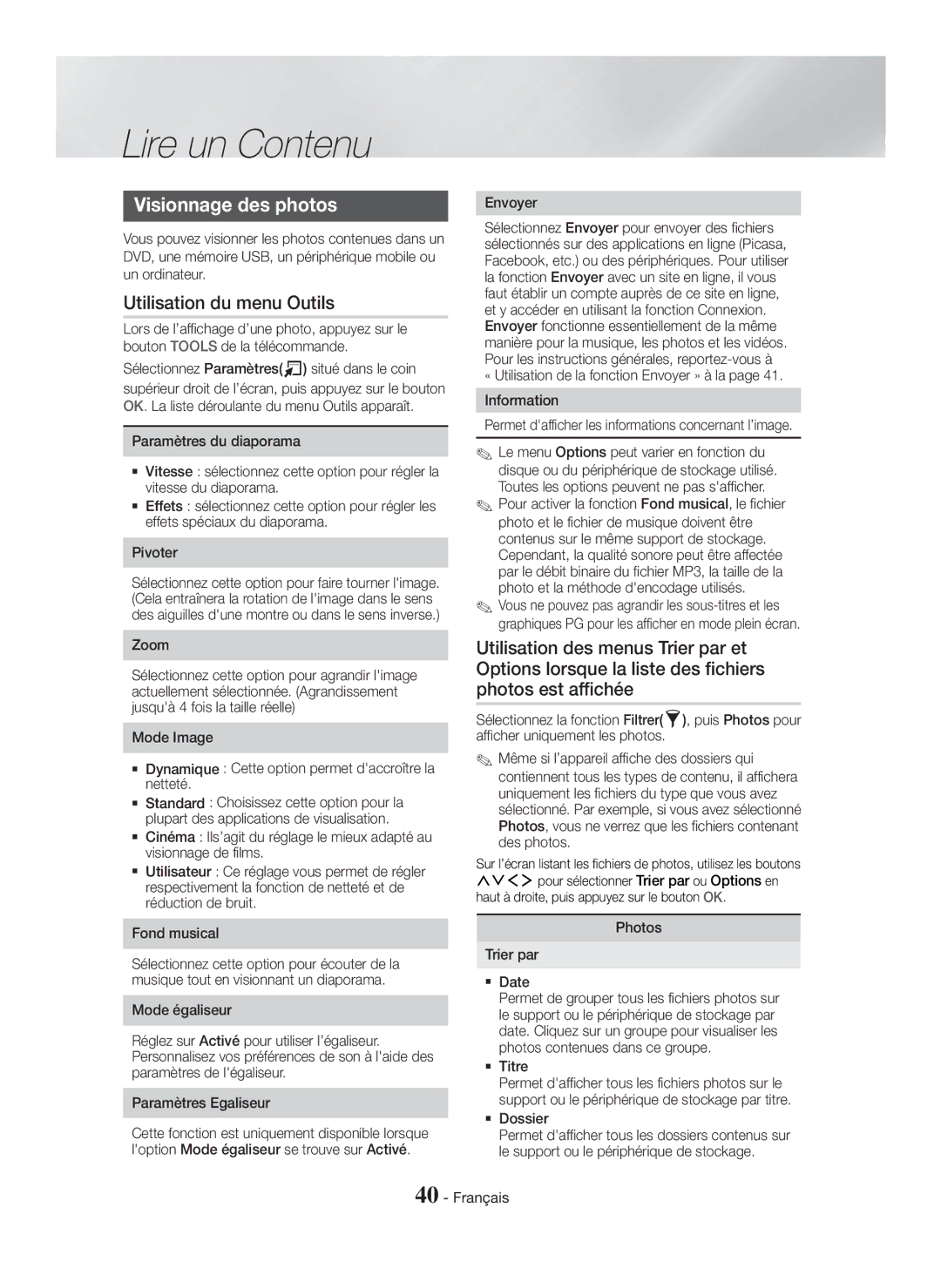 Samsung HT-H7750WM/ZF Visionnage des photos, Utilisation des menus Trier par et, Options lorsque la liste des fichiers 