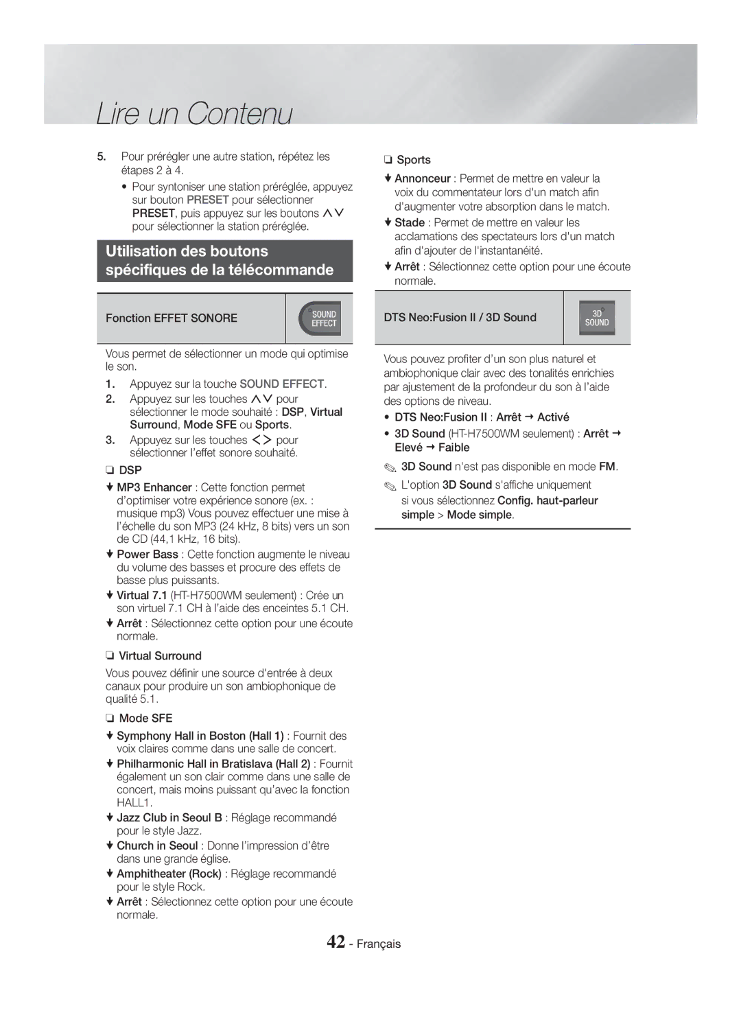 Samsung HT-H7750WM/ZF, HT-H7500WM/ZF manual Utilisation des boutons Spécifiques de la télécommande, Dsp 