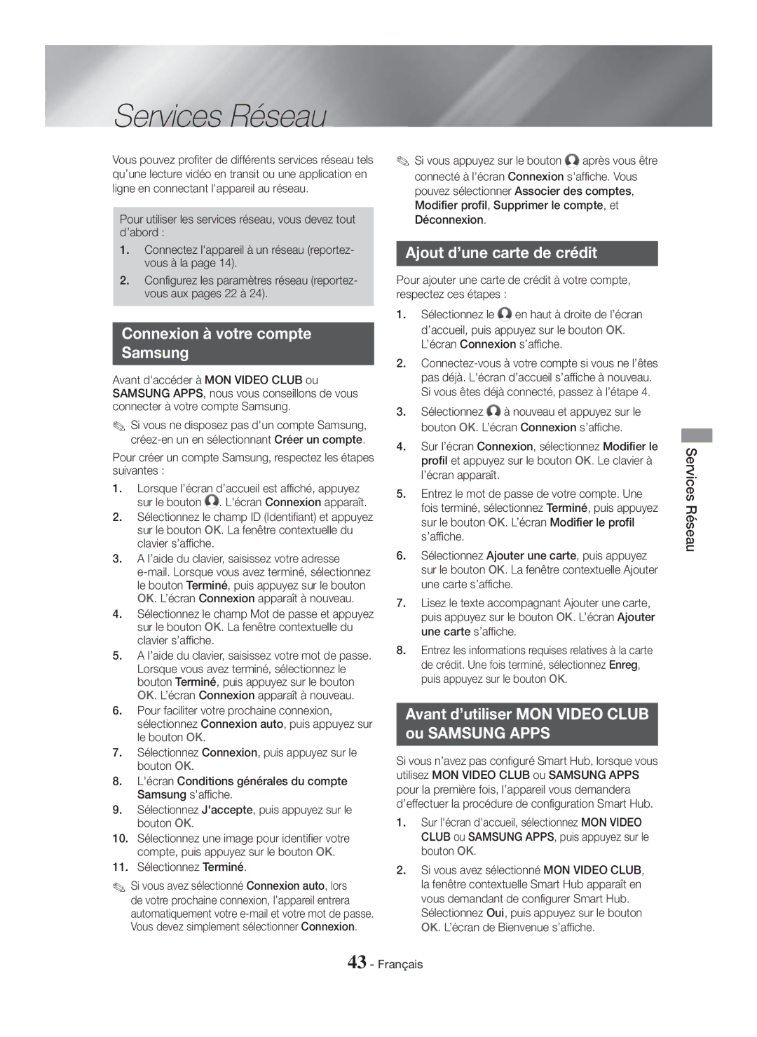 Samsung HT-H7500WM/ZF, HT-H7750WM/ZF manual Services Réseau, Connexion à votre compte Samsung, Ajout d’une carte de crédit 