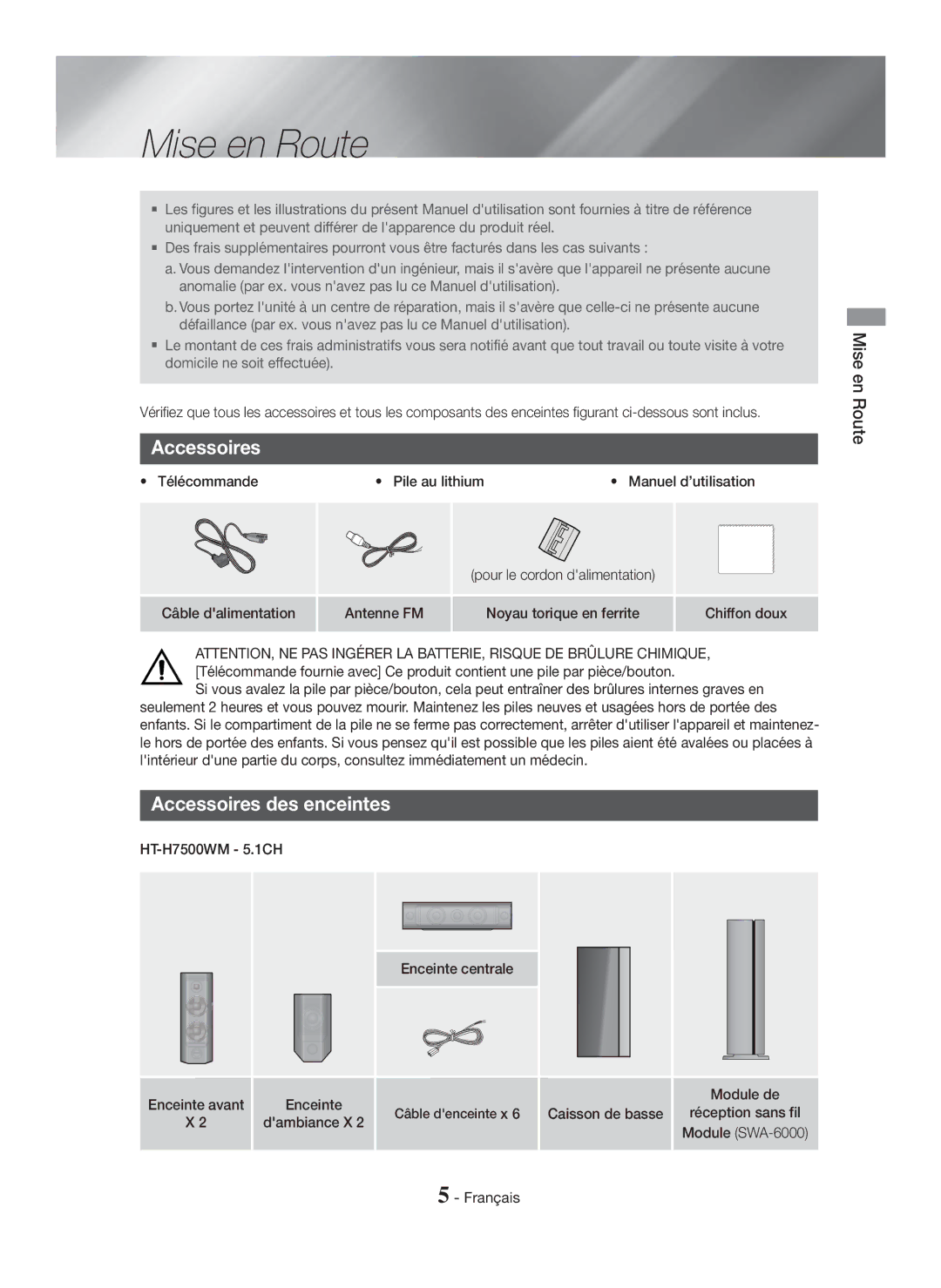 Samsung HT-H7500WM/ZF, HT-H7750WM/ZF manual Mise en Route, Accessoires des enceintes, Télécommande Pile au lithium 