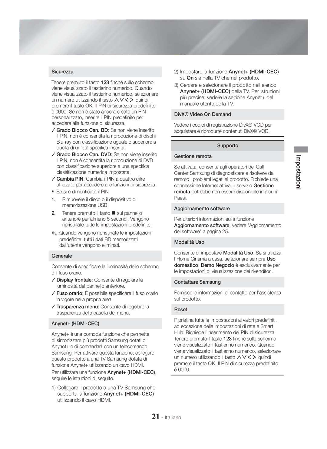 Samsung HT-H7750WM/ZF manual Sicurezza,  Se si è dimenticato il PIN, DivX Video On Demand, Supporto Gestione remota 