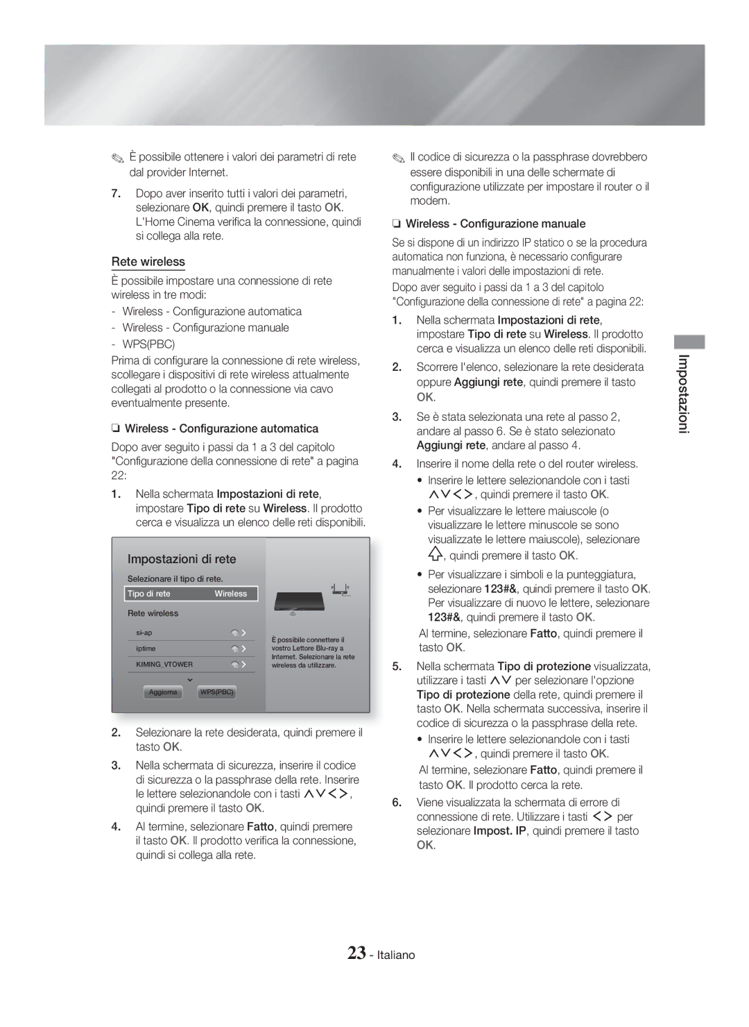 Samsung HT-H7750WM/ZF, HT-H7500WM/ZF manual Rete wireless, Selezionare la rete desiderata, quindi premere il tasto OK 