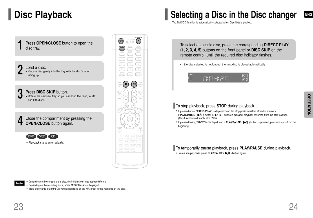 Samsung HT-HDP40 Disc Playback, Press OPEN/CLOSE button to open the disc tray Load a disc, Press Disc Skip button 