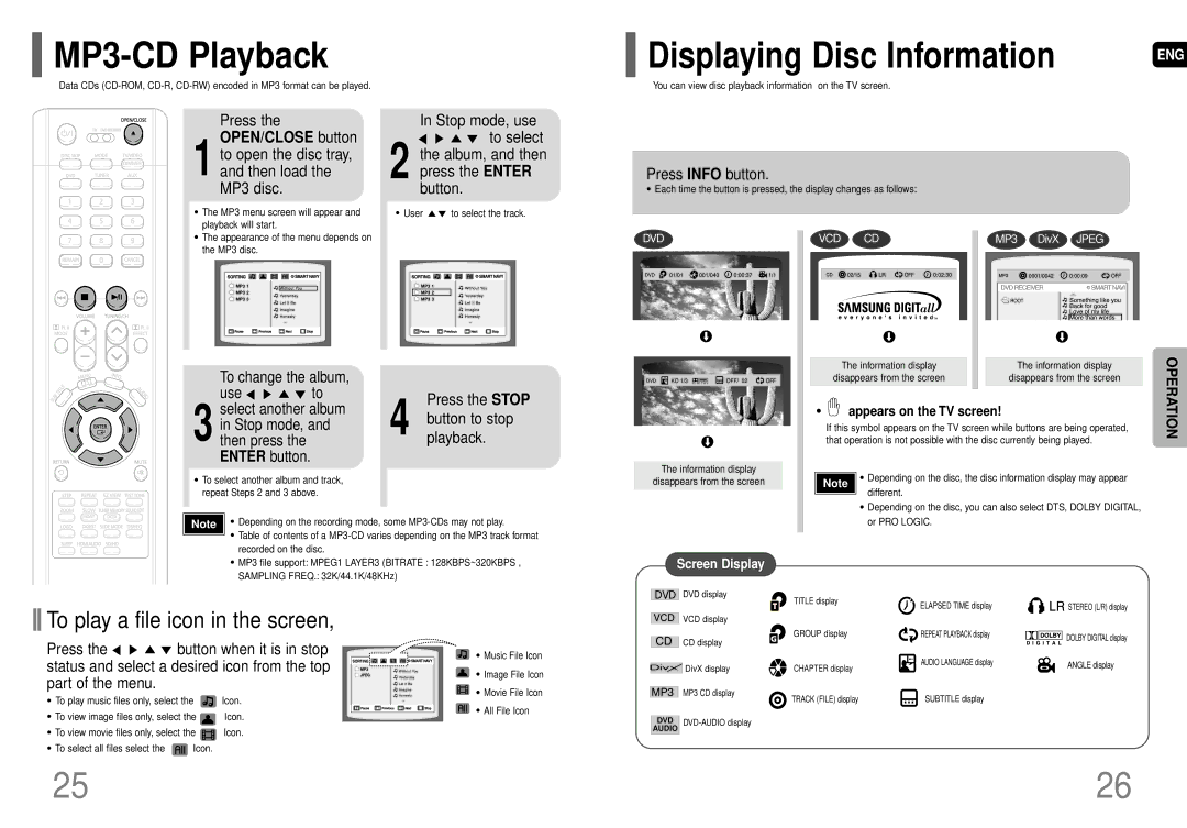 Samsung HT-HDP40 instruction manual MP3-CD Playback, OPEN/CLOSE button 