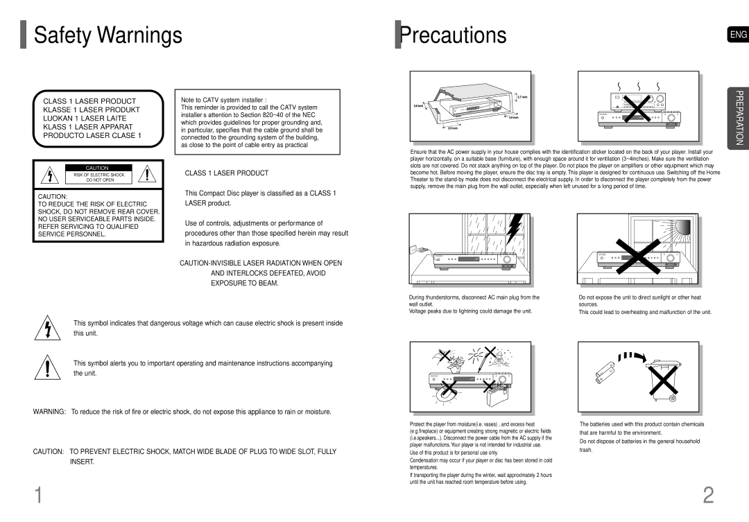 Samsung HT-HDP40 instruction manual Safety Warnings PrecautionsENG, Class 1 Laser Product 