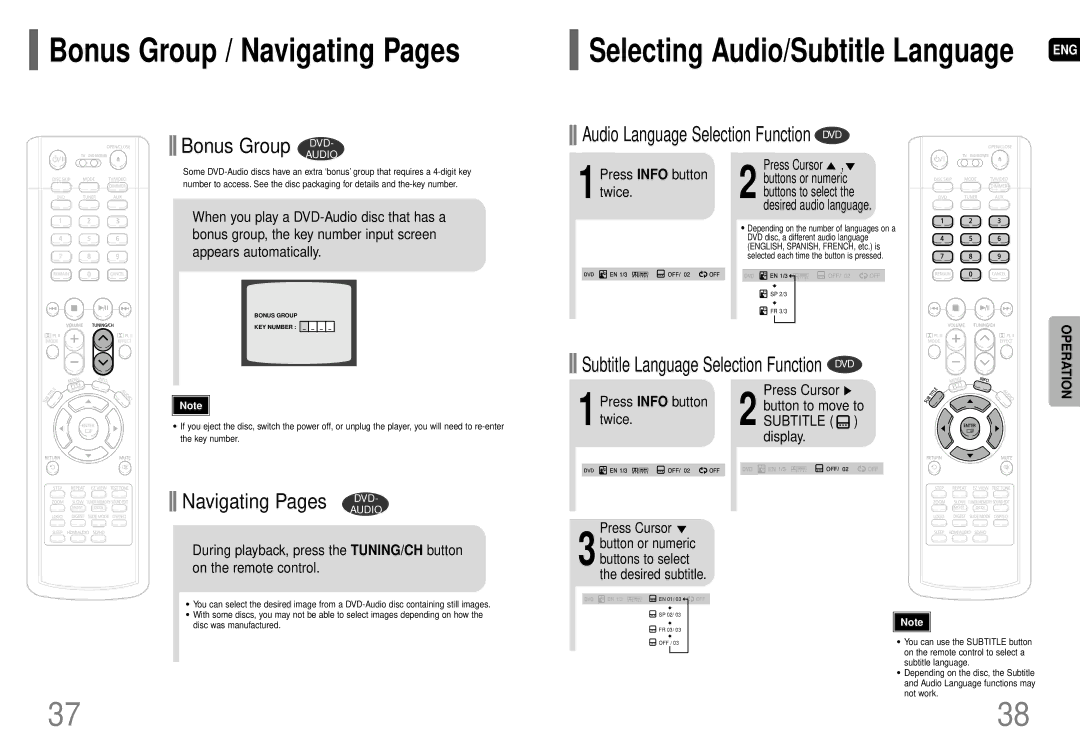 Samsung HT-HDP40 instruction manual Bonus Group / Navigating Pages, Subtitle display, Press Cursor 2 button to move to 