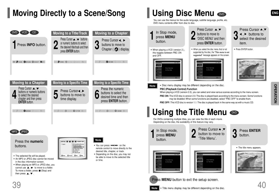 Samsung HT-HDP40 instruction manual Moving Directly to a Scene/Song, Using the Title Menu DVD 