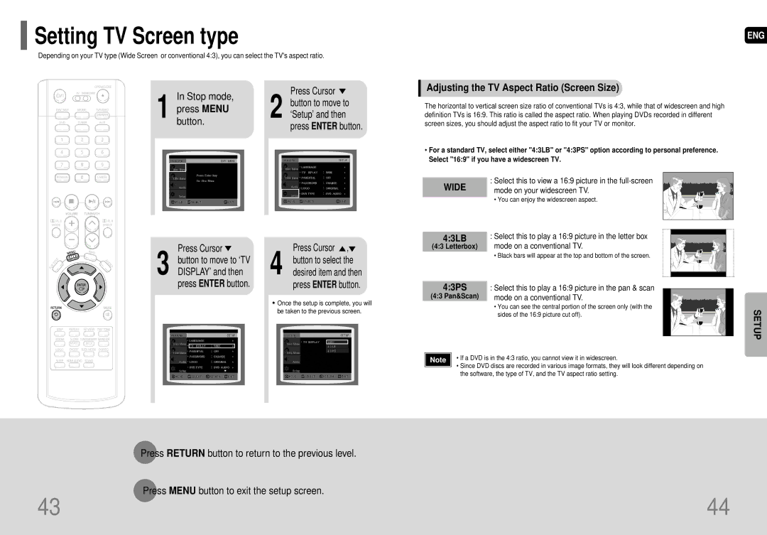 Samsung HT-HDP40 instruction manual Setting TV Screen type, Adjusting the TV Aspect Ratio Screen Size, 43LB, 43PS 