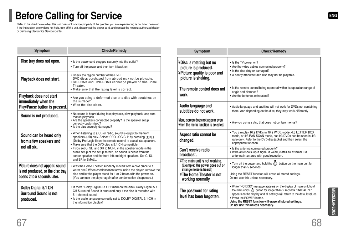 Samsung HT-HDP40 instruction manual Before Calling for Service, Aspect ratio cannot be 