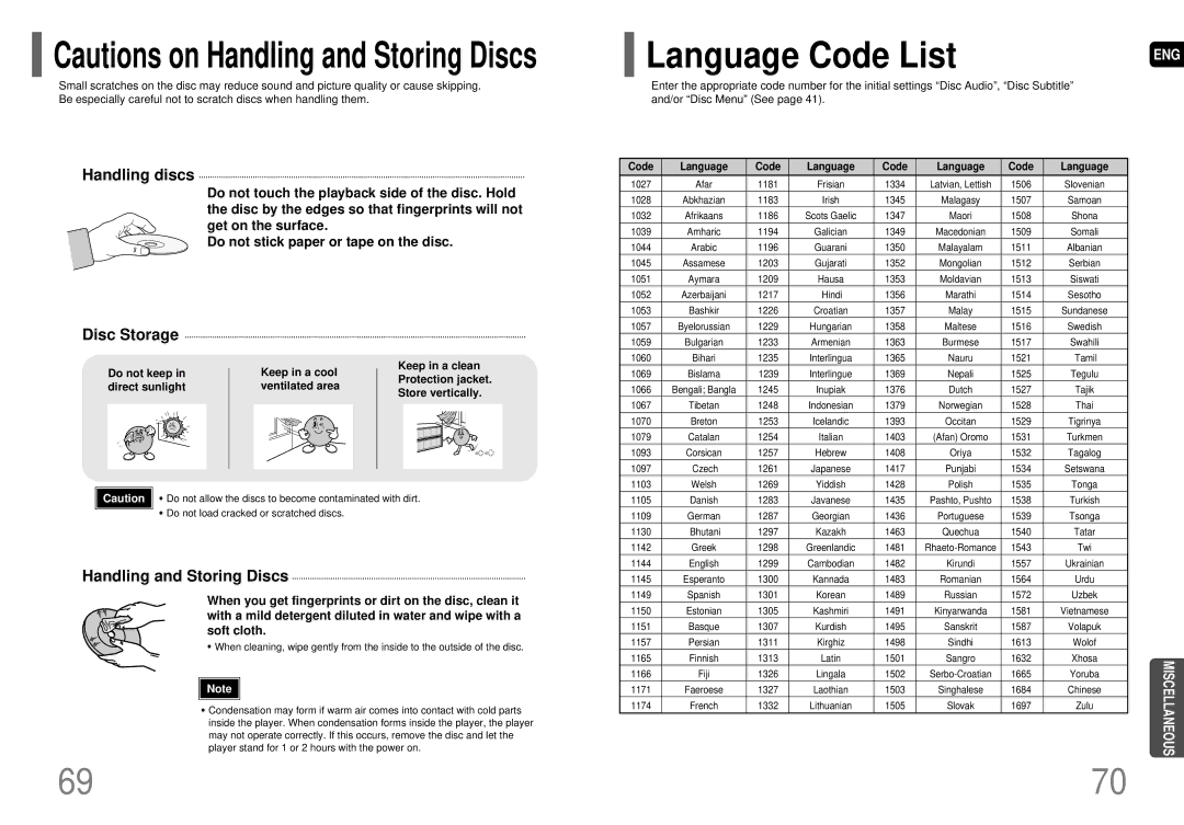 Samsung HT-HDP40 instruction manual Language Code List, Handling discs, Disc Storage, Handling and Storing Discs 