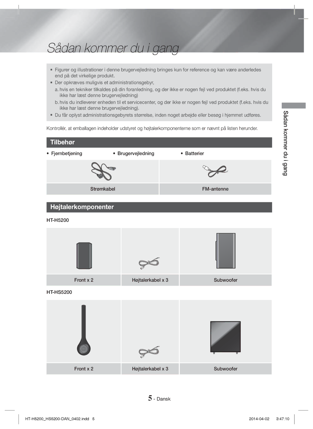 Samsung HT-HS5200/XN, HT-HS5200/EN, HT-H5200/EN, HT-HS5200/ZF manual Sådan kommer du i gang, Tilbehør, Højtalerkomponenter 