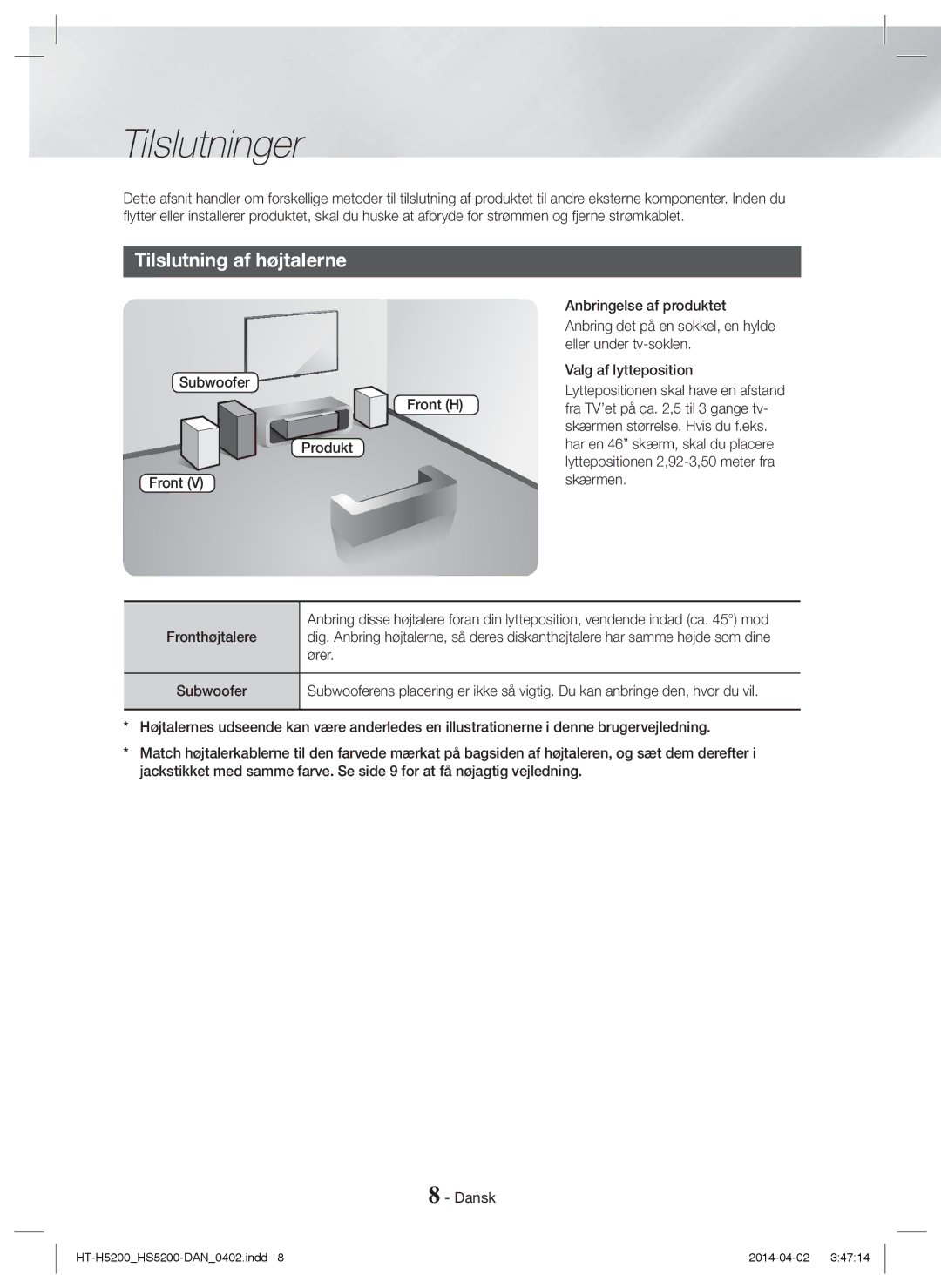 Samsung HT-HS5200/EN, HT-H5200/EN, HT-HS5200/ZF, HT-H5200/ZF, HT-H5200/XU manual Tilslutninger, Tilslutning af højtalerne 