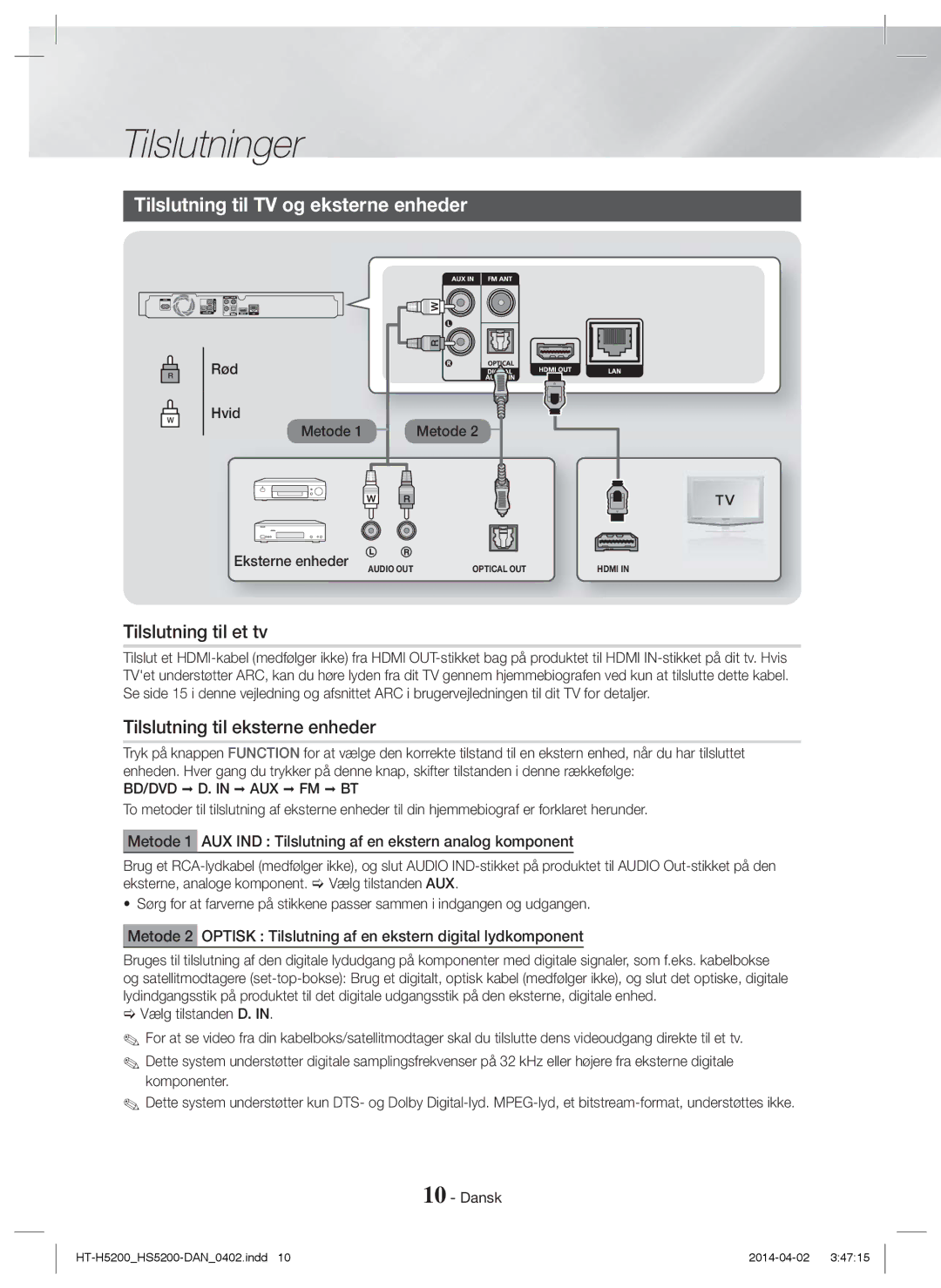 Samsung HT-HS5200/ZF manual Tilslutning til TV og eksterne enheder, Tilslutning til et tv, Tilslutning til eksterne enheder 