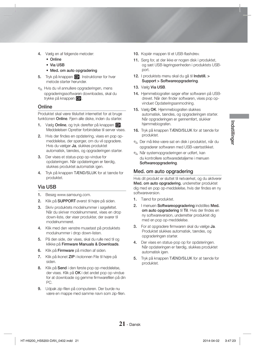 Samsung HT-HS5200/XN, HT-HS5200/EN, HT-H5200/EN, HT-HS5200/ZF, HT-H5200/ZF, HT-H5200/XU manual Online, Med. om auto opgradering 