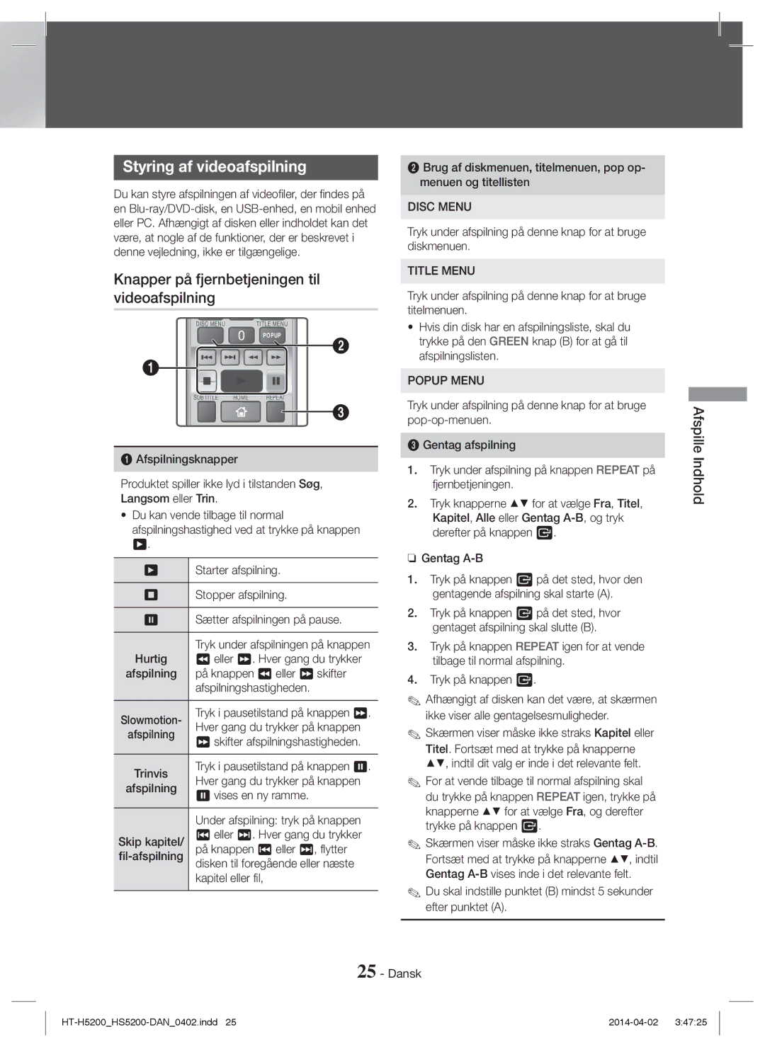 Samsung HT-H5200/EN manual Styring af videoafspilning, Knapper på fjernbetjeningen til videoafspilning, Afspille Indhold 