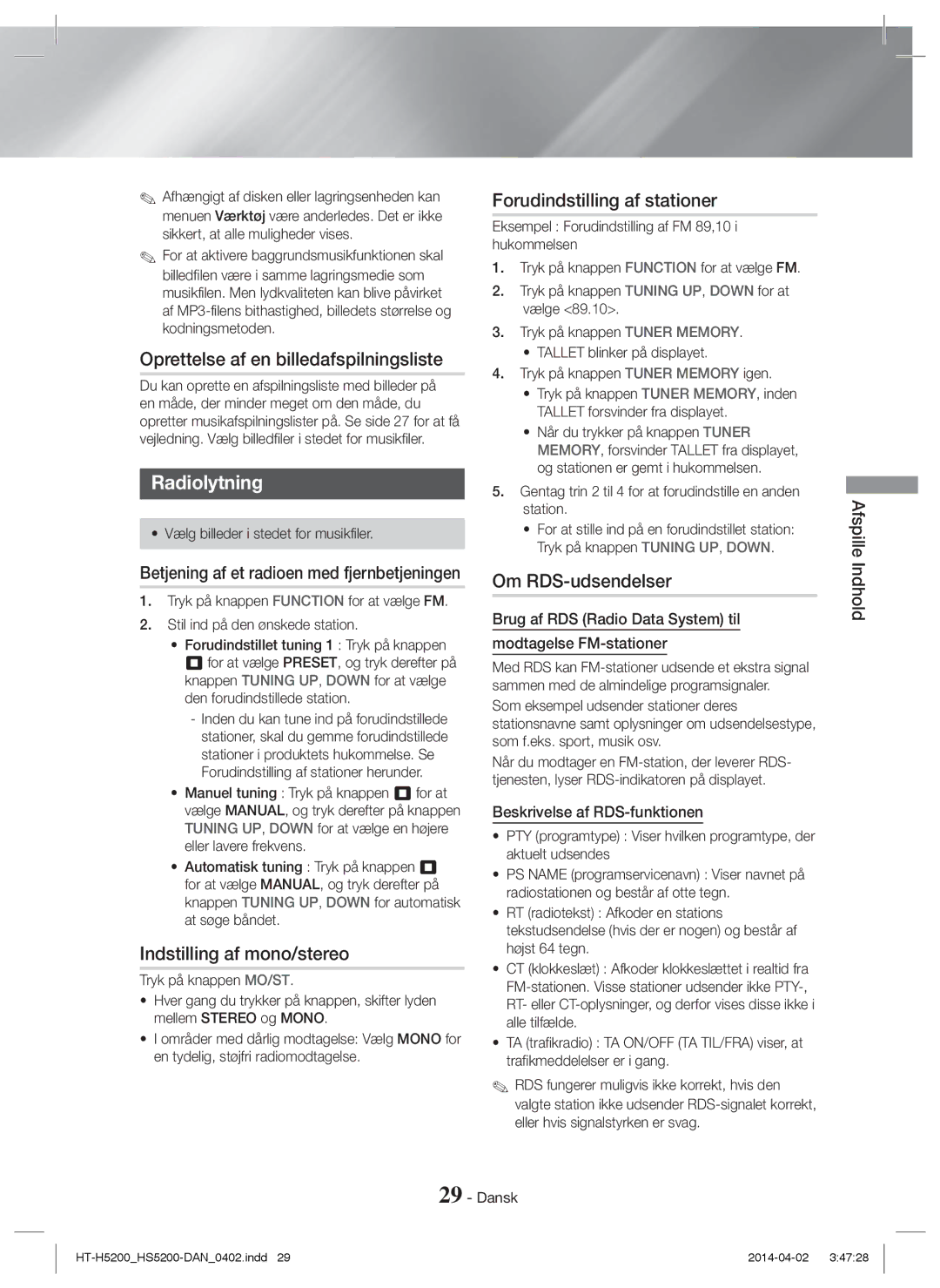 Samsung HT-HS5200/XN, HT-HS5200/EN Oprettelse af en billedafspilningsliste, Radiolytning, Forudindstilling af stationer 