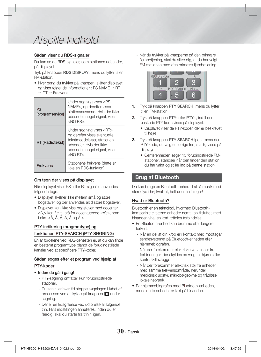 Samsung HT-H5200/XN Brug af Bluetooth, Sådan viser du RDS-signaler, Om tegn der vises på displayet, Hvad er Bluetooth? 