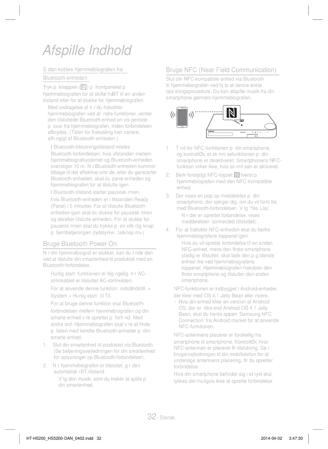 Samsung HT-HS5200/EN, HT-H5200/EN, HT-HS5200/ZF, HT-H5200/ZF Bruge Bluetooth Power On, Bruge NFC Near Field Communication 