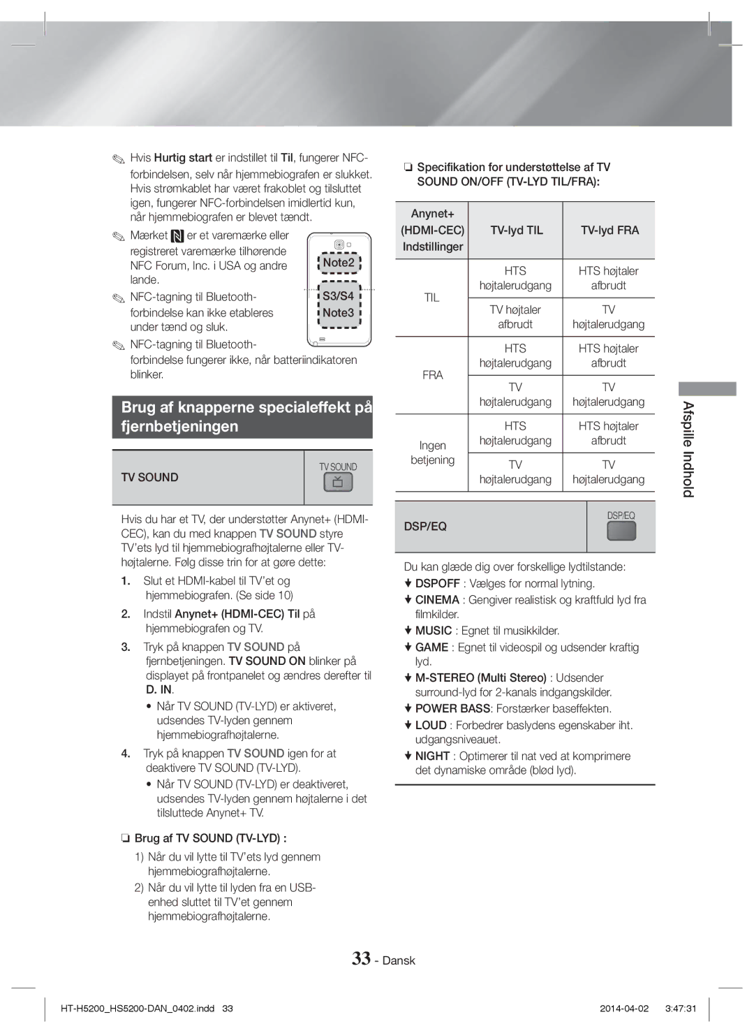 Samsung HT-H5200/EN, HT-H5200/ZF Brug af knapperne specialeffekt på fjernbetjeningen, NFC-tagning til Bluetooth, Betjening 