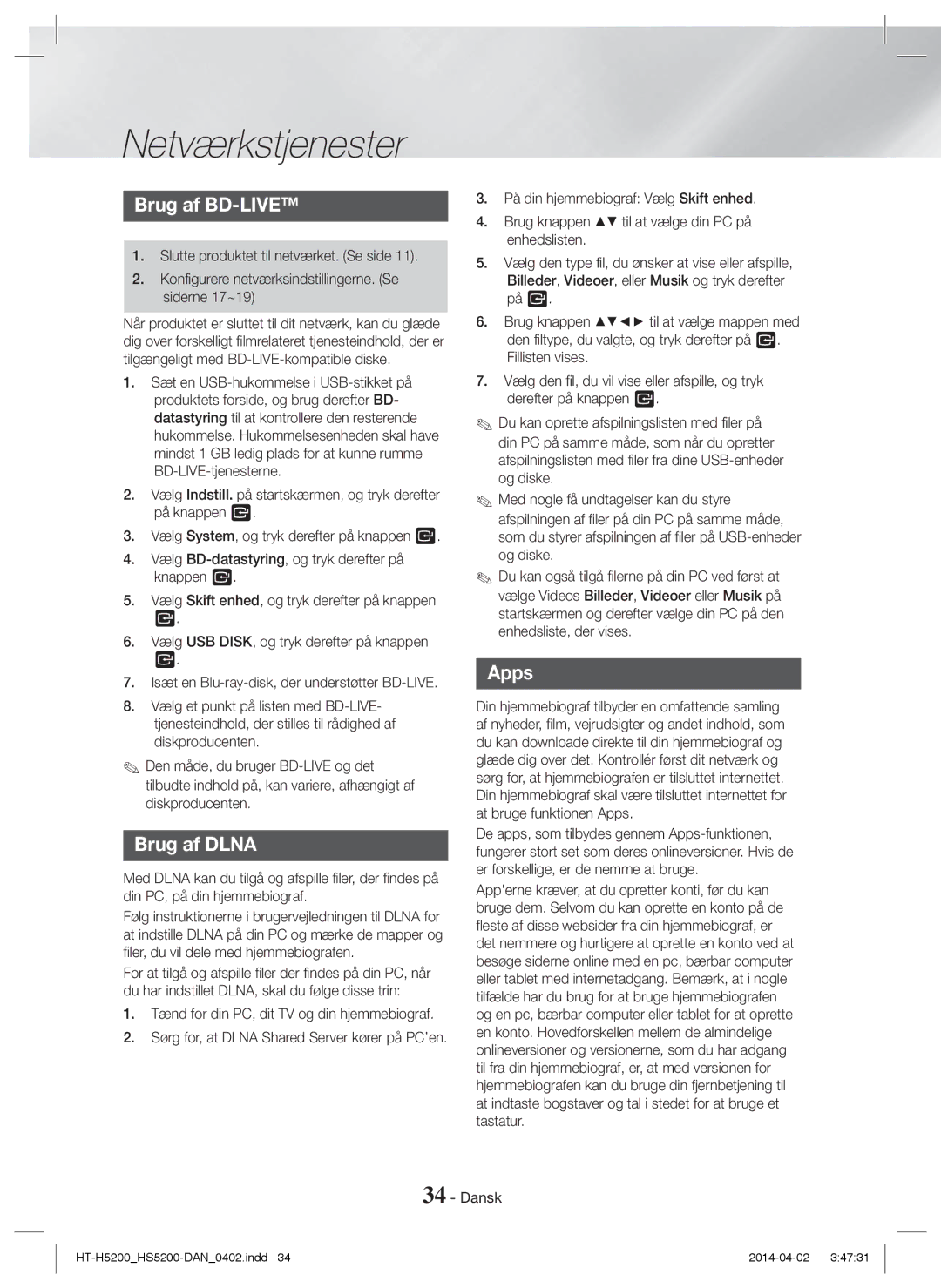 Samsung HT-HS5200/ZF manual Netværkstjenester, Brug af BD-LIVE, Brug af Dlna, Slutte produktet til netværket. Se side 