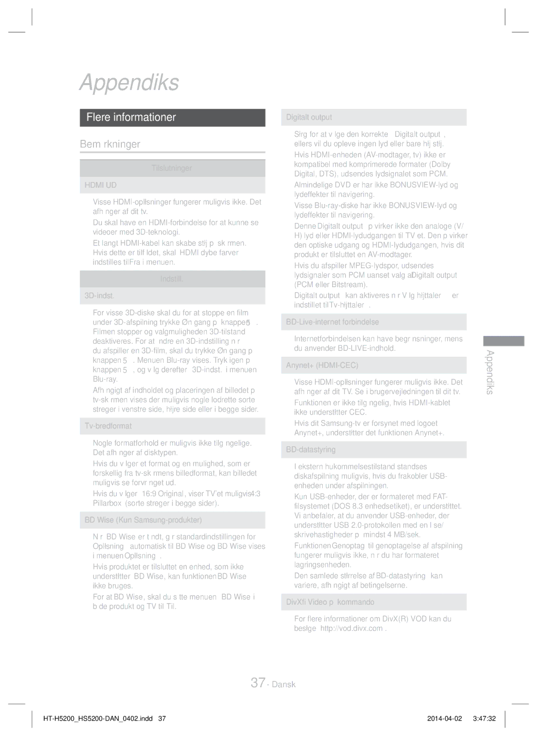 Samsung HT-HS5200/XN, HT-HS5200/EN, HT-H5200/EN, HT-HS5200/ZF manual Appendiks, Flere informationer, Bemærkninger, Hdmi UD 