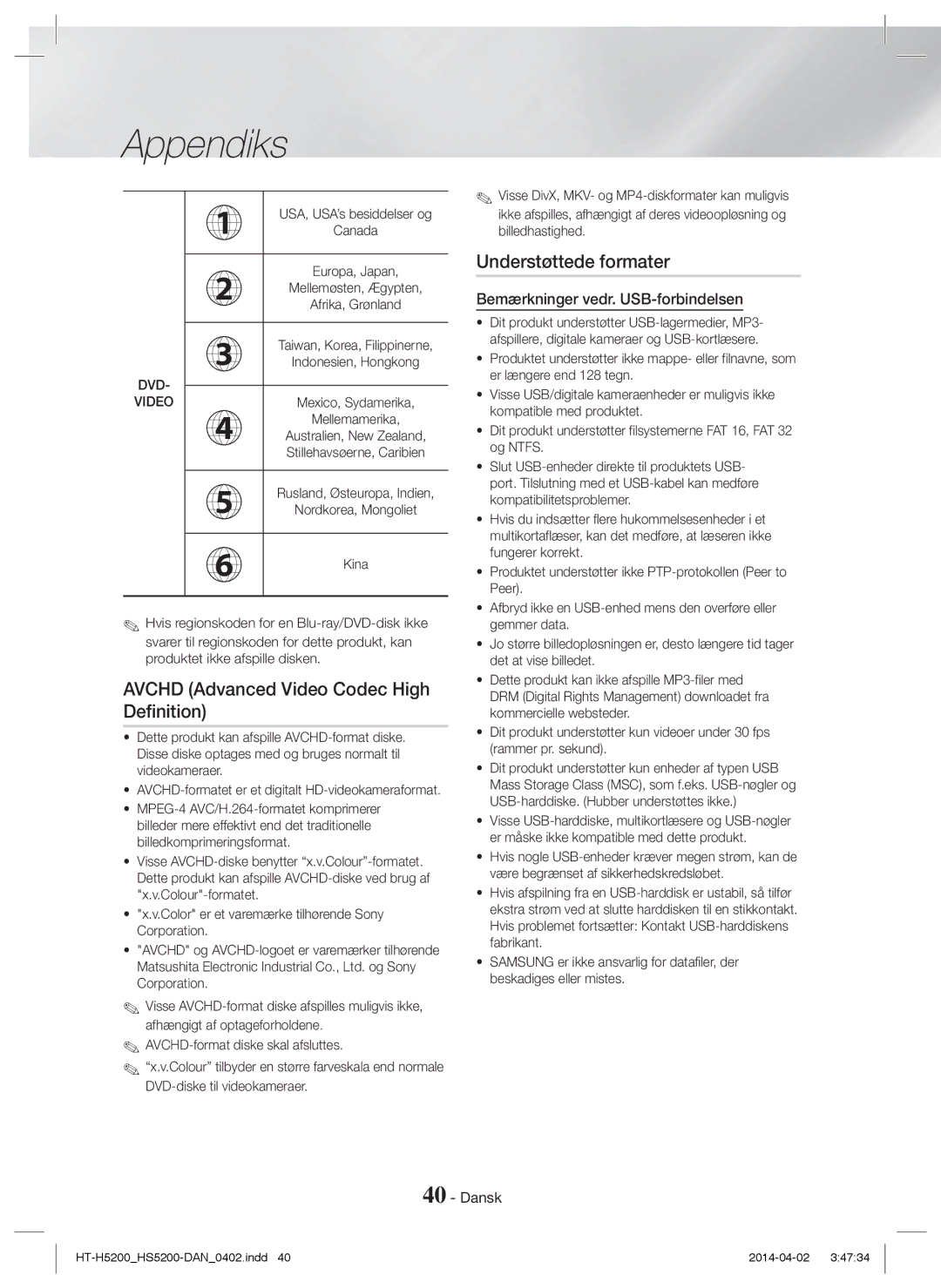 Samsung HT-HS5200/EN, HT-H5200/EN, HT-HS5200/ZF, HT-H5200/ZF Understøttede formater, Bemærkninger vedr. USB-forbindelsen 