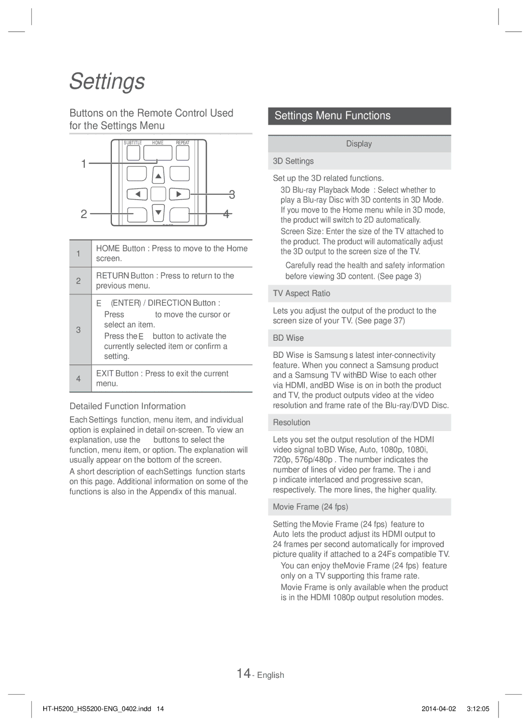 Samsung HT-H5200/XN, HT-HS5200/EN manual Buttons on the Remote Control Used for the Settings Menu, Settings Menu Functions 