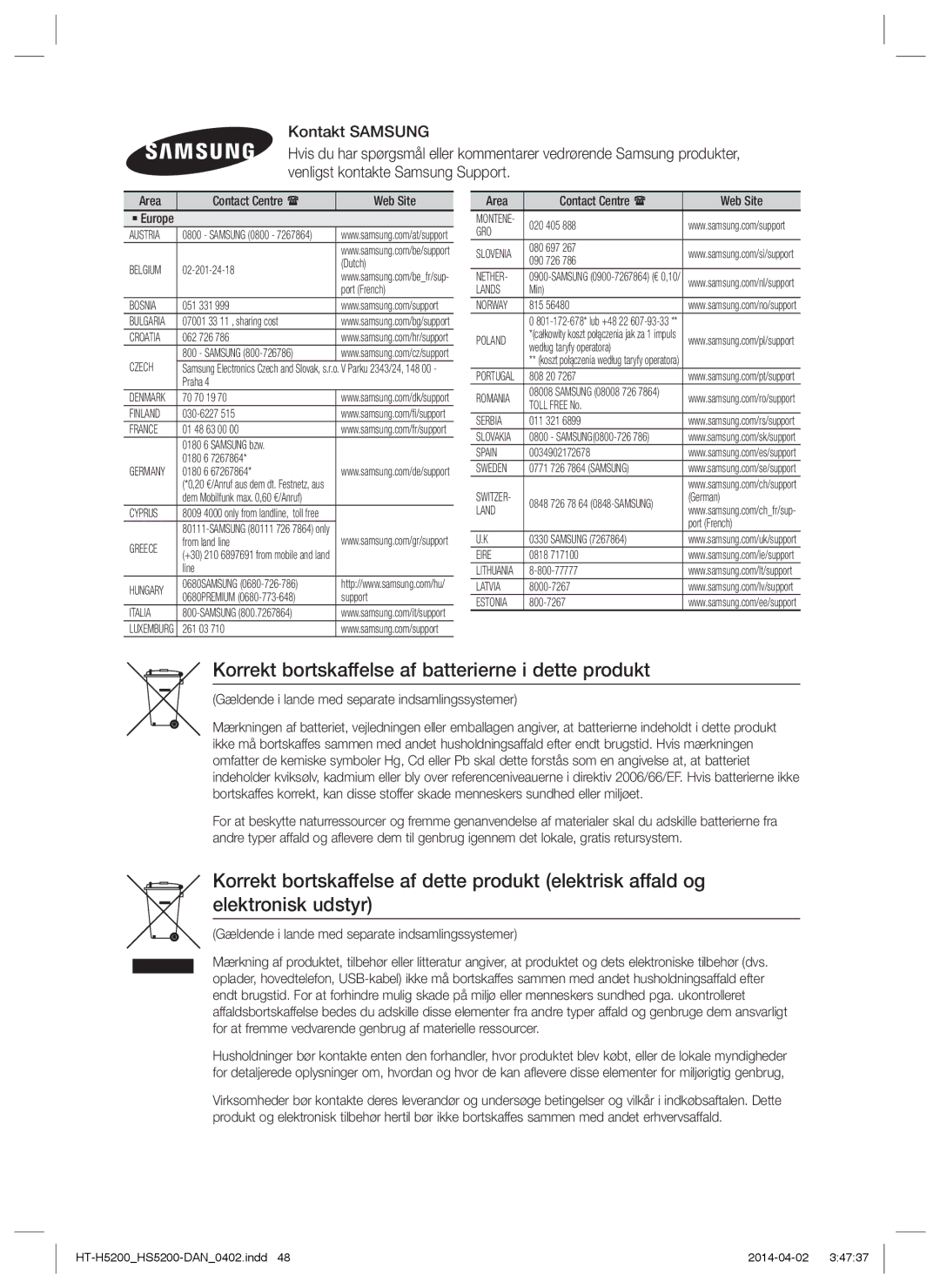 Samsung HT-HS5200/EN, HT-H5200/EN, HT-HS5200/ZF, HT-H5200/ZF manual Korrekt bortskaffelse af batterierne i dette produkt 