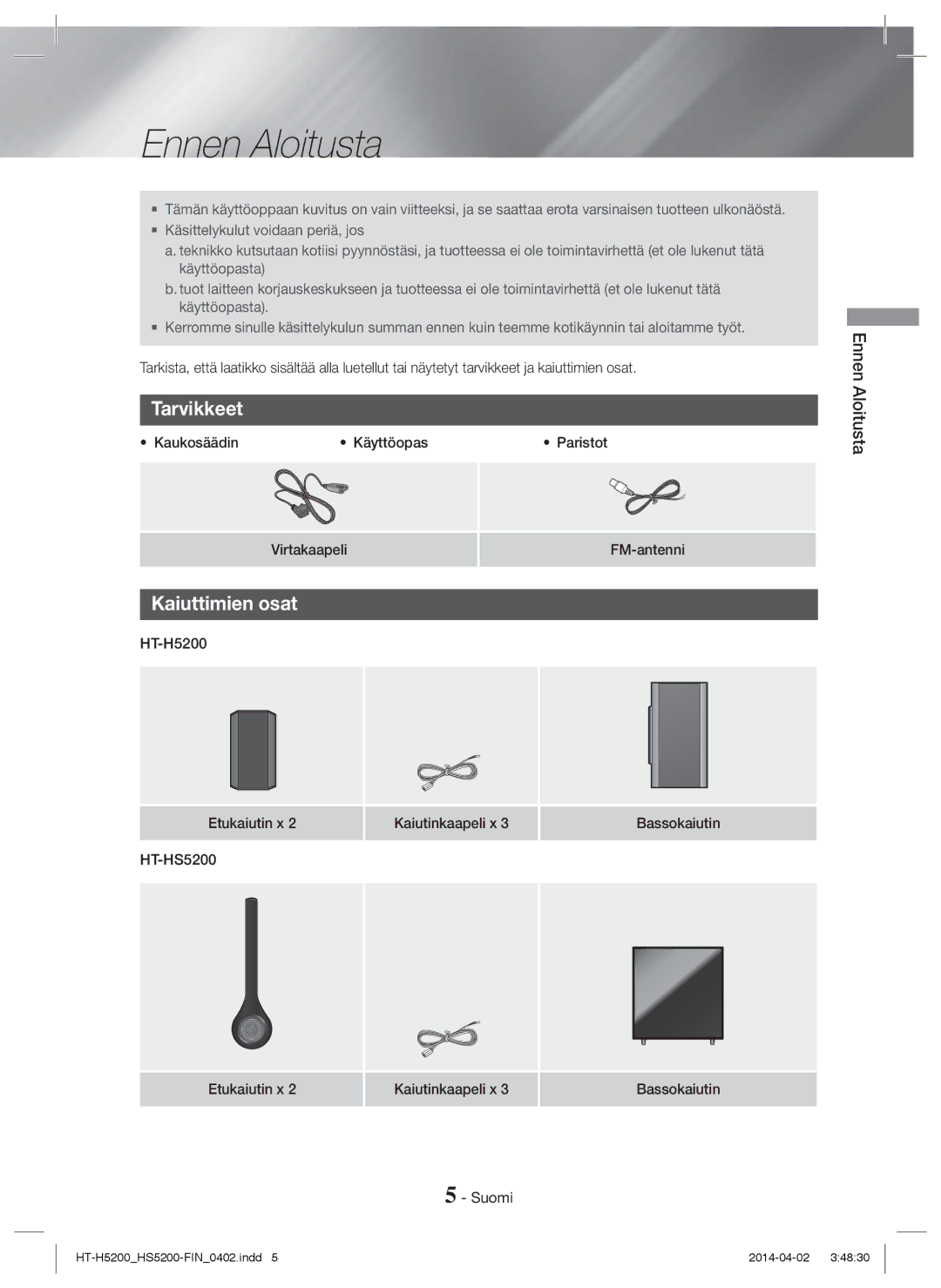 Samsung HT-HS5200/XN, HT-HS5200/EN, HT-H5200/EN, HT-HS5200/ZF, HT-H5200/ZF manual Ennen Aloitusta, Tarvikkeet, Kaiuttimien osat 
