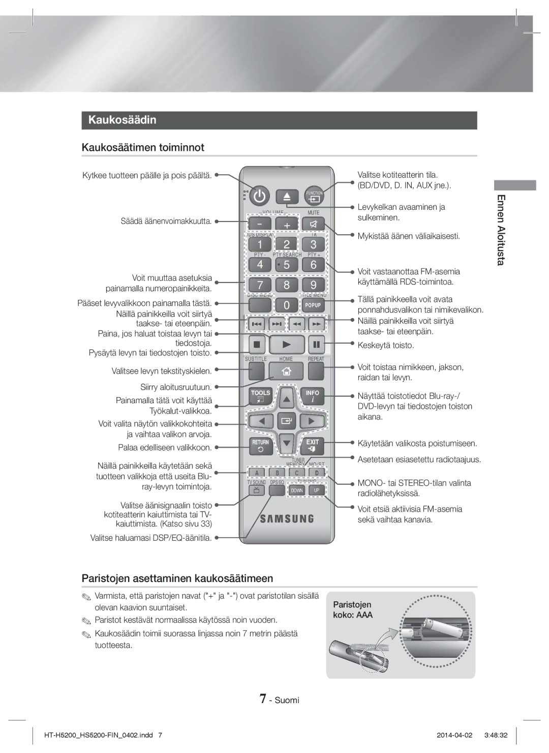 Samsung HT-H5200/XE, HT-HS5200/EN, HT-H5200/EN Kaukosäädin, Kaukosäätimen toiminnot, Paristojen asettaminen kaukosäätimeen 