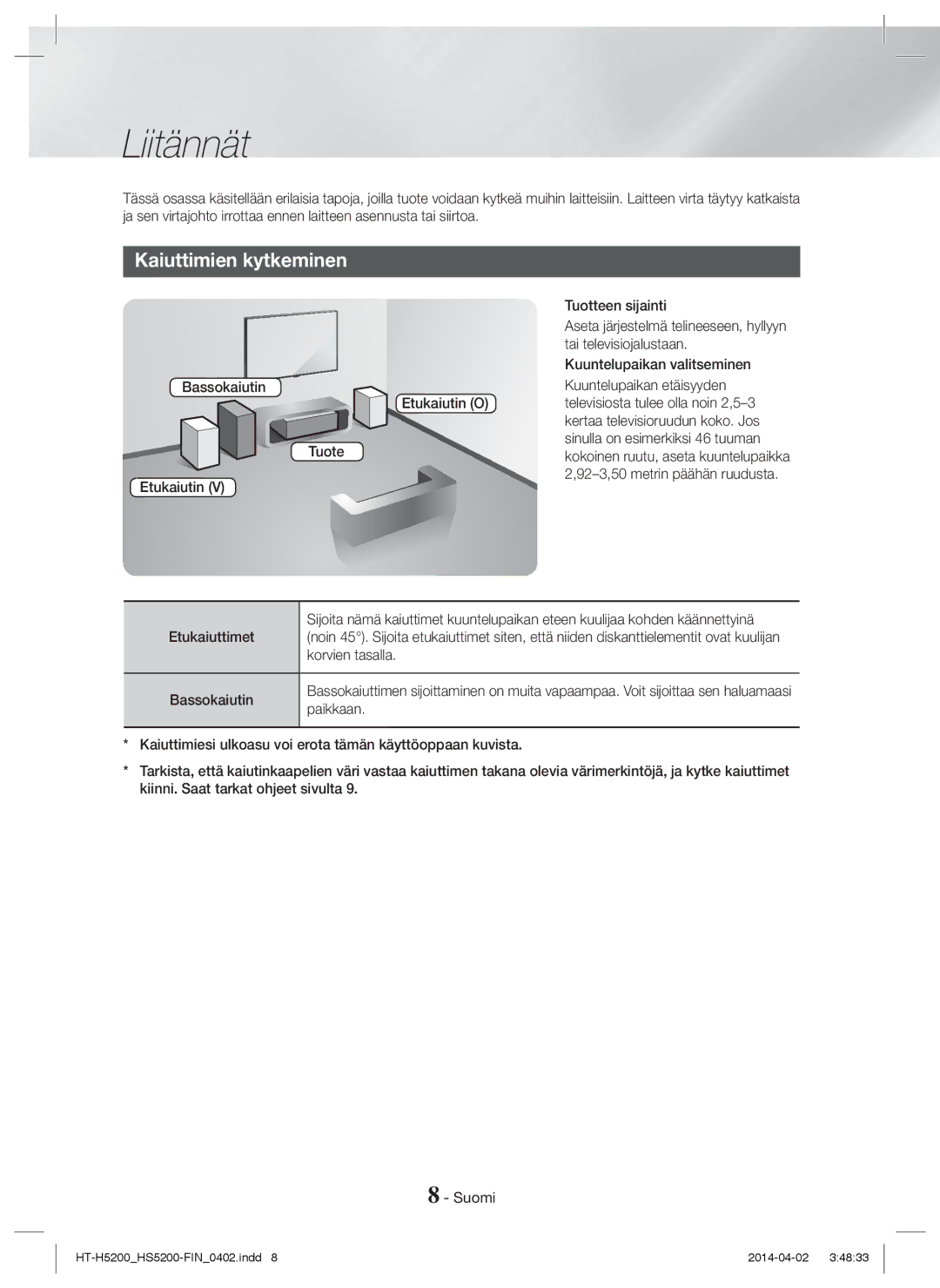 Samsung HT-HS5200/EN, HT-H5200/EN, HT-HS5200/ZF, HT-H5200/ZF, HT-H5200/XU, HT-HS5200/XN manual Liitännät, Kaiuttimien kytkeminen 