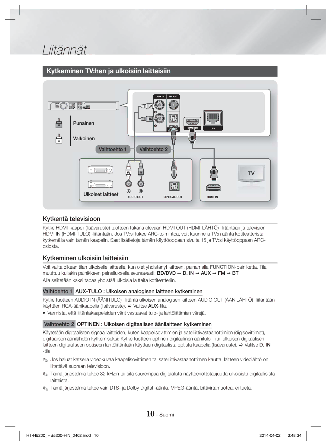 Samsung HT-HS5200/ZF Kytkeminen TVhen ja ulkoisiin laitteisiin, Kytkentä televisioon, Kytkeminen ulkoisiin laitteisiin 