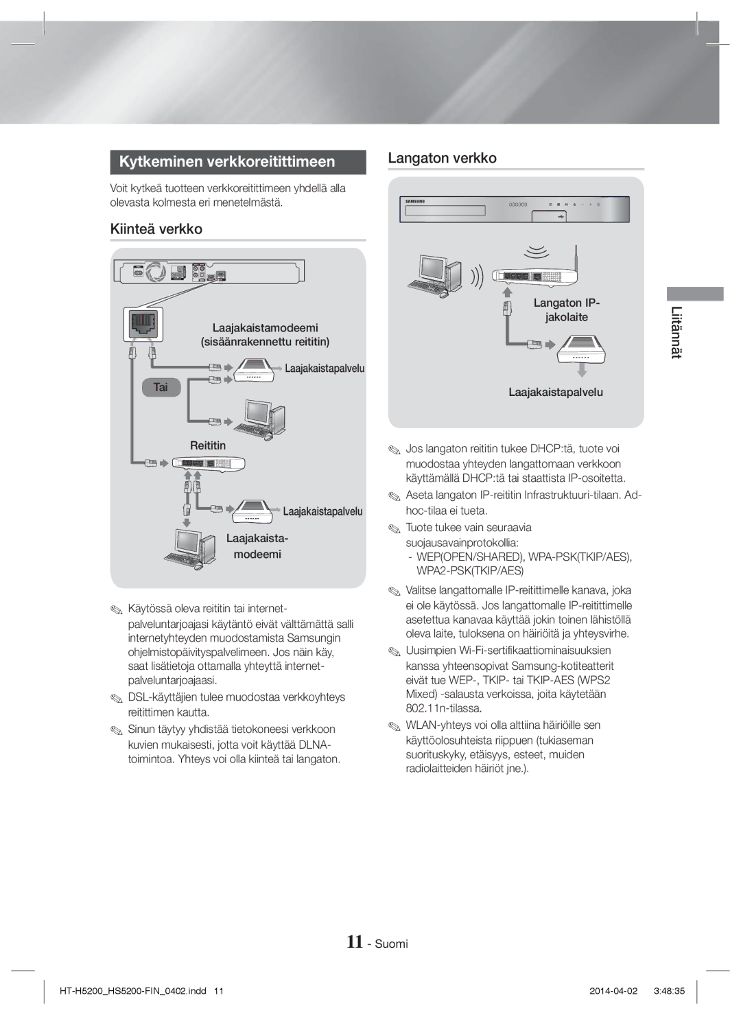 Samsung HT-H5200/ZF, HT-HS5200/EN, HT-H5200/EN manual Kytkeminen verkkoreitittimeen, Kiinteä verkko, Laajakaista Modeemi 