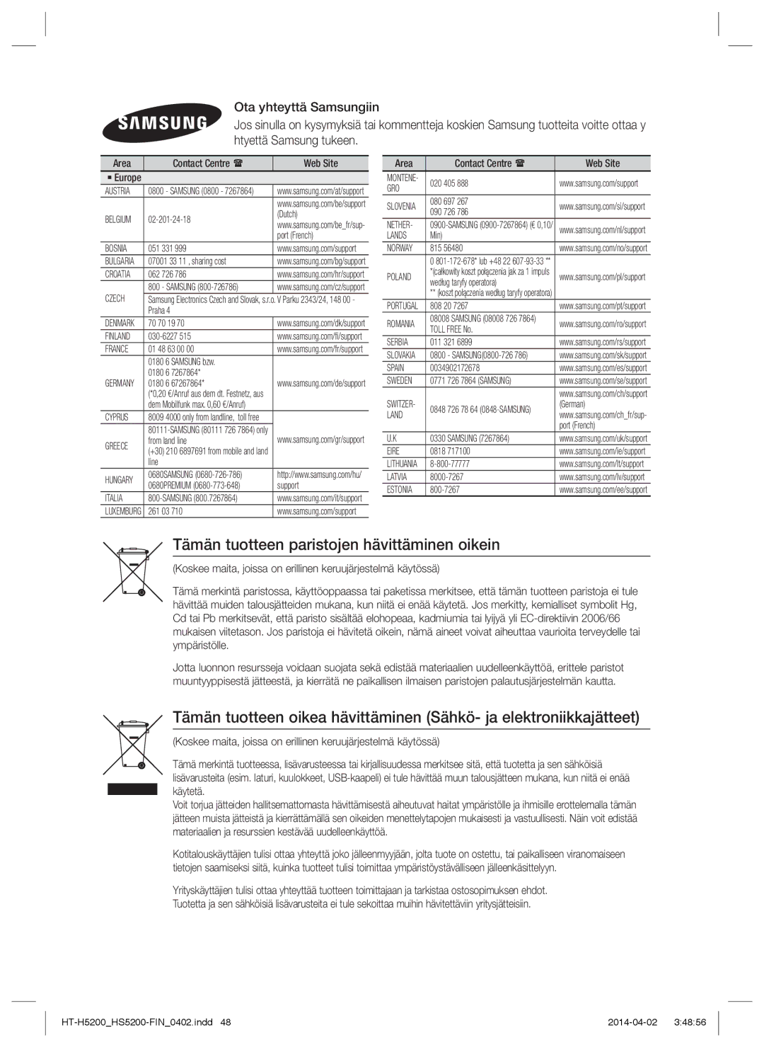 Samsung HT-HS5200/EN, HT-H5200/EN manual Tämän tuotteen paristojen hävittäminen oikein, Area Contact Centre  Web Site 