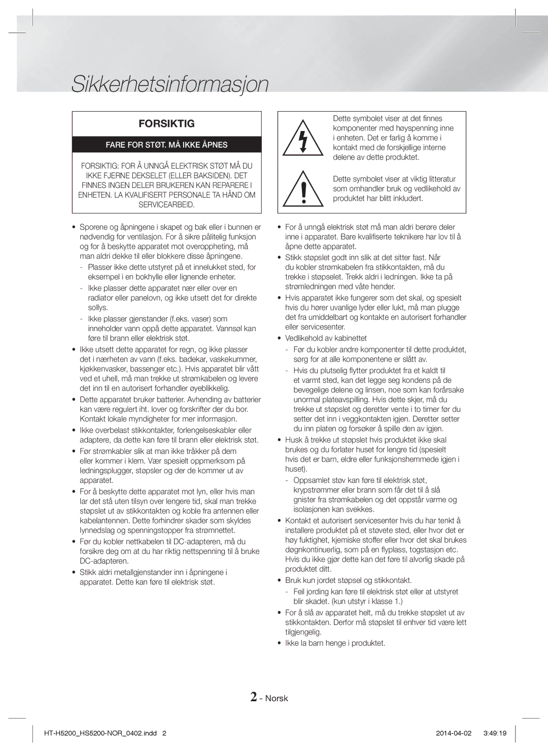 Samsung HT-HS5200/ZF, HT-HS5200/EN, HT-H5200/EN, HT-H5200/ZF, HT-H5200/XU, HT-HS5200/XN manual Sikkerhetsinformasjon, Norsk 