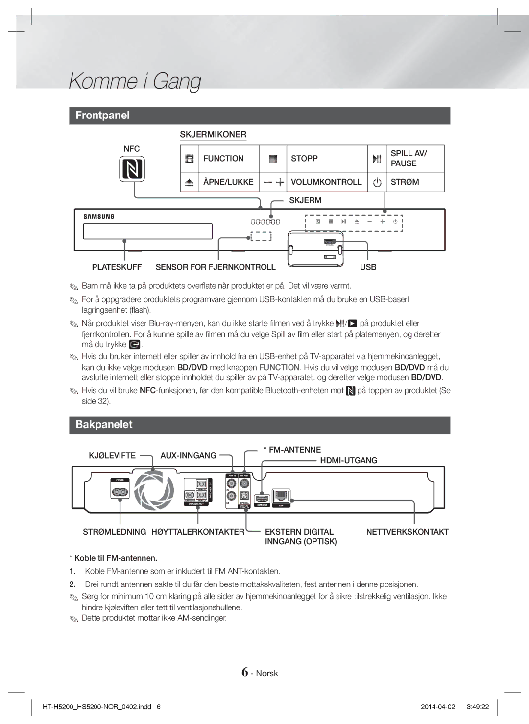 Samsung HT-H5200/XN, HT-HS5200/EN, HT-H5200/EN, HT-HS5200/ZF, HT-H5200/ZF manual Bakpanelet, Volumkontroll, Nettverkskontakt 