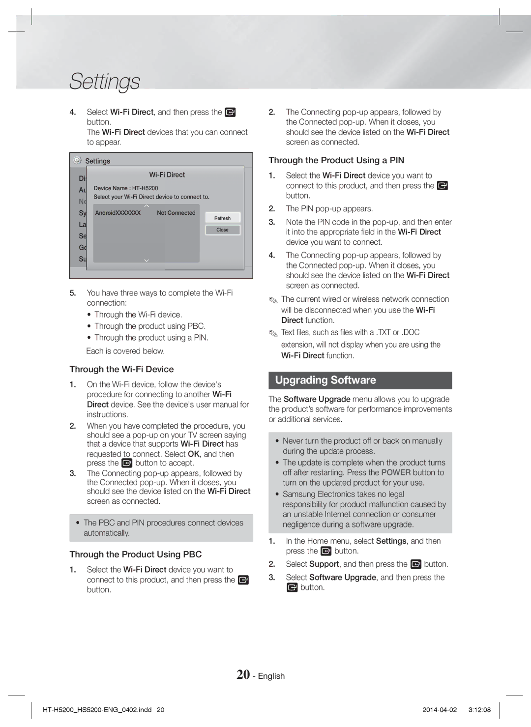 Samsung HT-H5200/XU, HT-HS5200/EN manual Upgrading Software, Through the Product Using a PIN, Through the Wi-Fi Device 