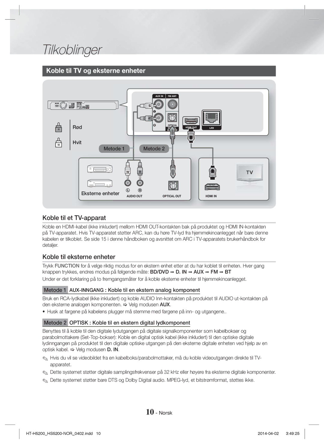 Samsung HT-HS5200/ZF, HT-HS5200/EN Koble til TV og eksterne enheter, Koble til et TV-apparat, Koble til eksterne enheter 