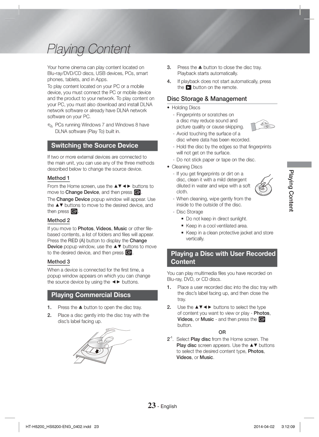 Samsung HT-H5200/XE Playing Content, Disc Storage & Management, Switching the Source Device, Playing Commercial Discs 