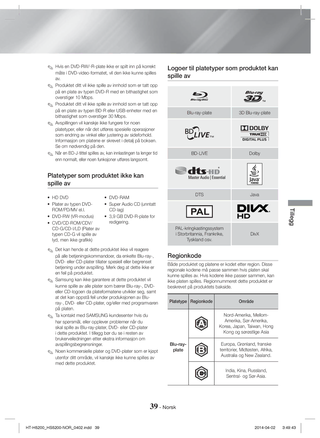 Samsung HT-H5200/XE manual Platetyper som produktet ikke kan spille av, Logoer til platetyper som produktet kan spille av 