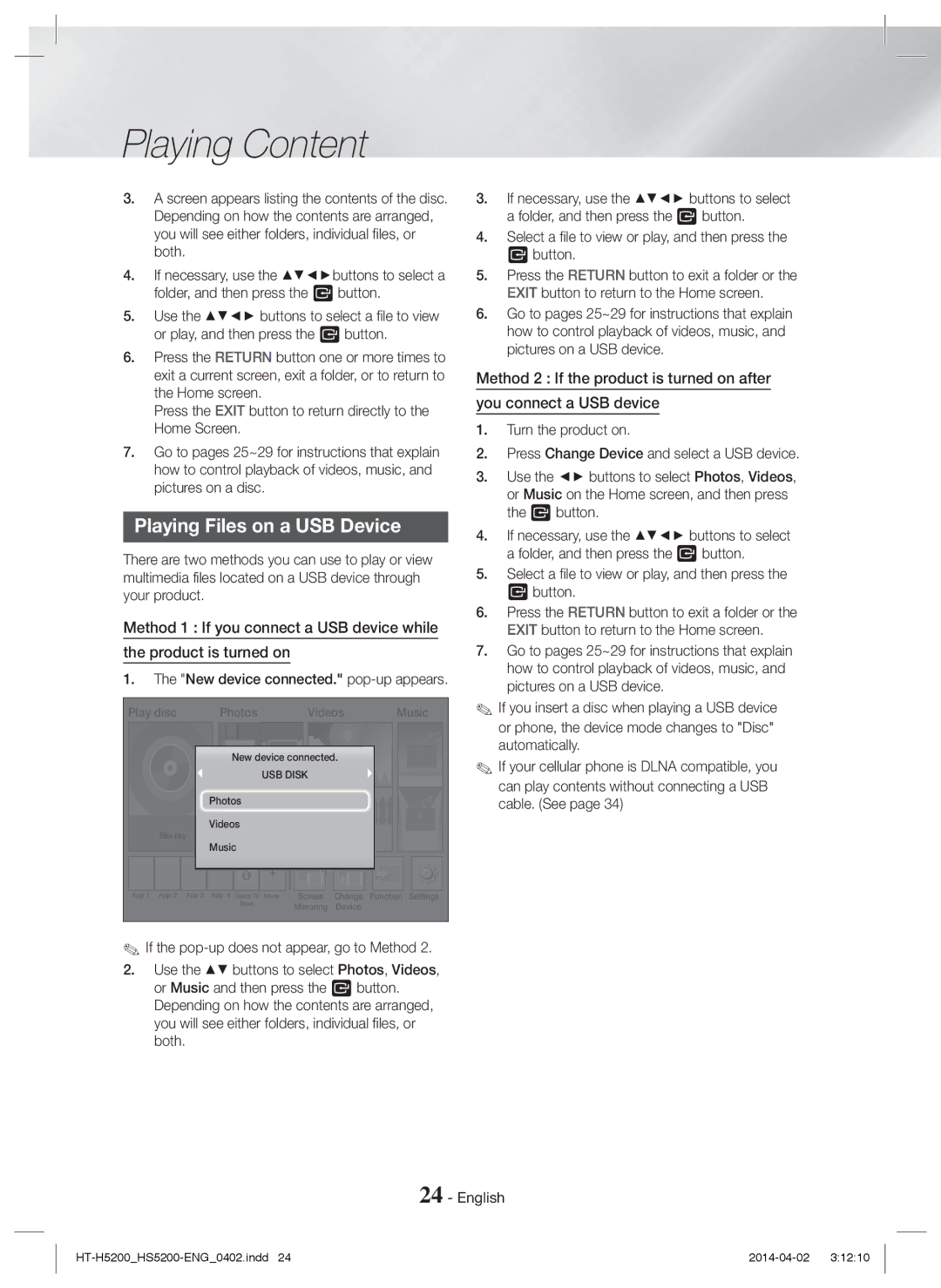 Samsung HT-HS5200/EN manual Playing Files on a USB Device, Select a file to view or play, and then press the E button 