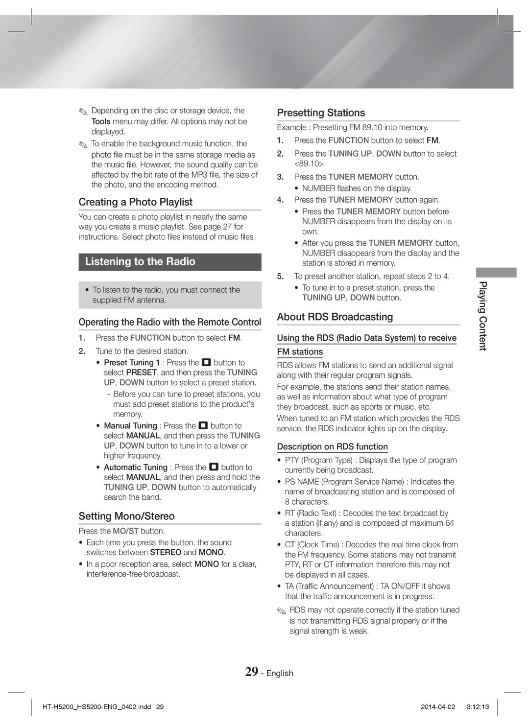 Samsung HT-HS5200/XN manual Creating a Photo Playlist, Listening to the Radio, Setting Mono/Stereo, Presetting Stations 