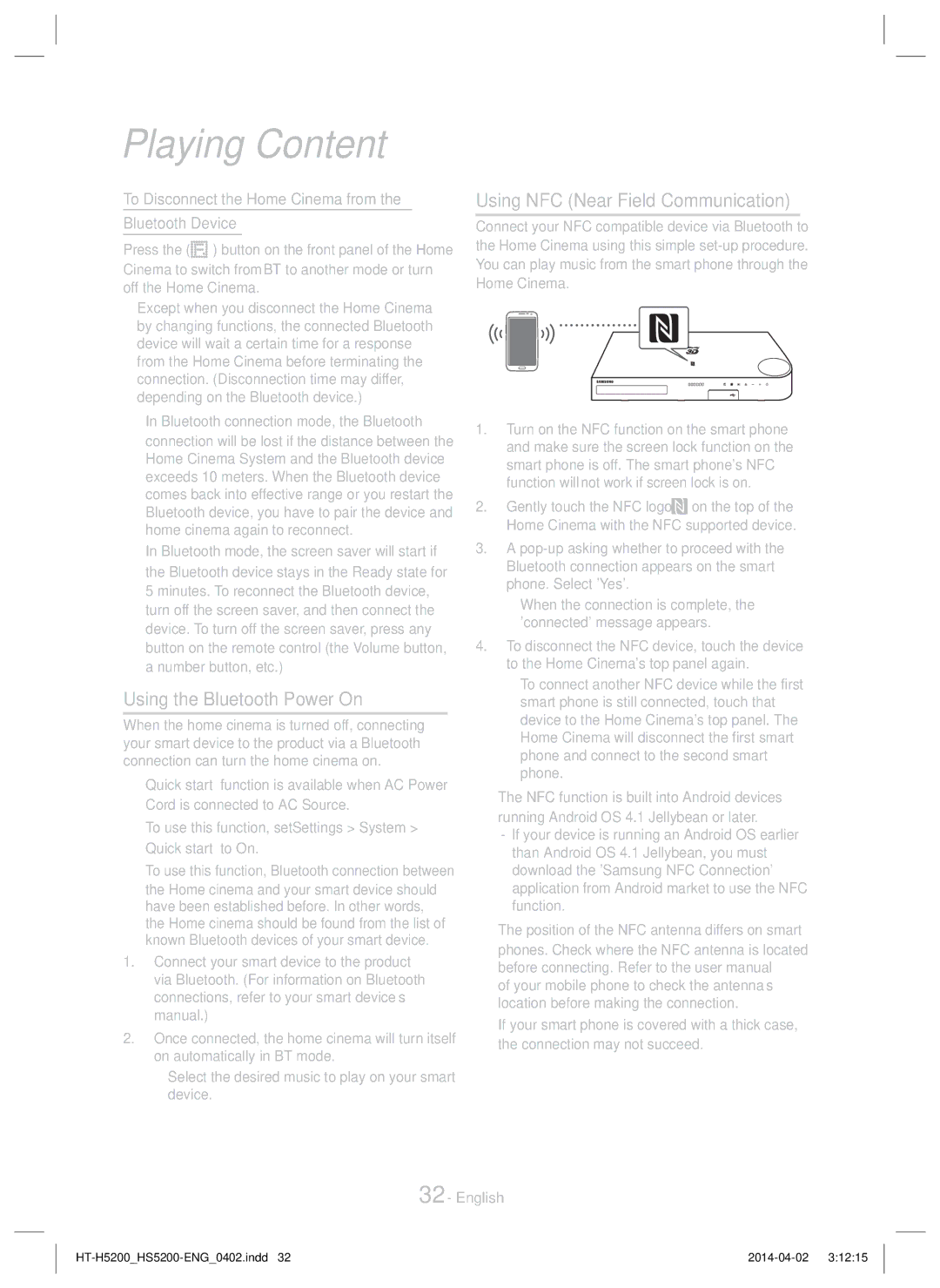 Samsung HT-HS5200/EN, HT-H5200/EN, HT-HS5200/ZF manual Using the Bluetooth Power On, Using NFC Near Field Communication 