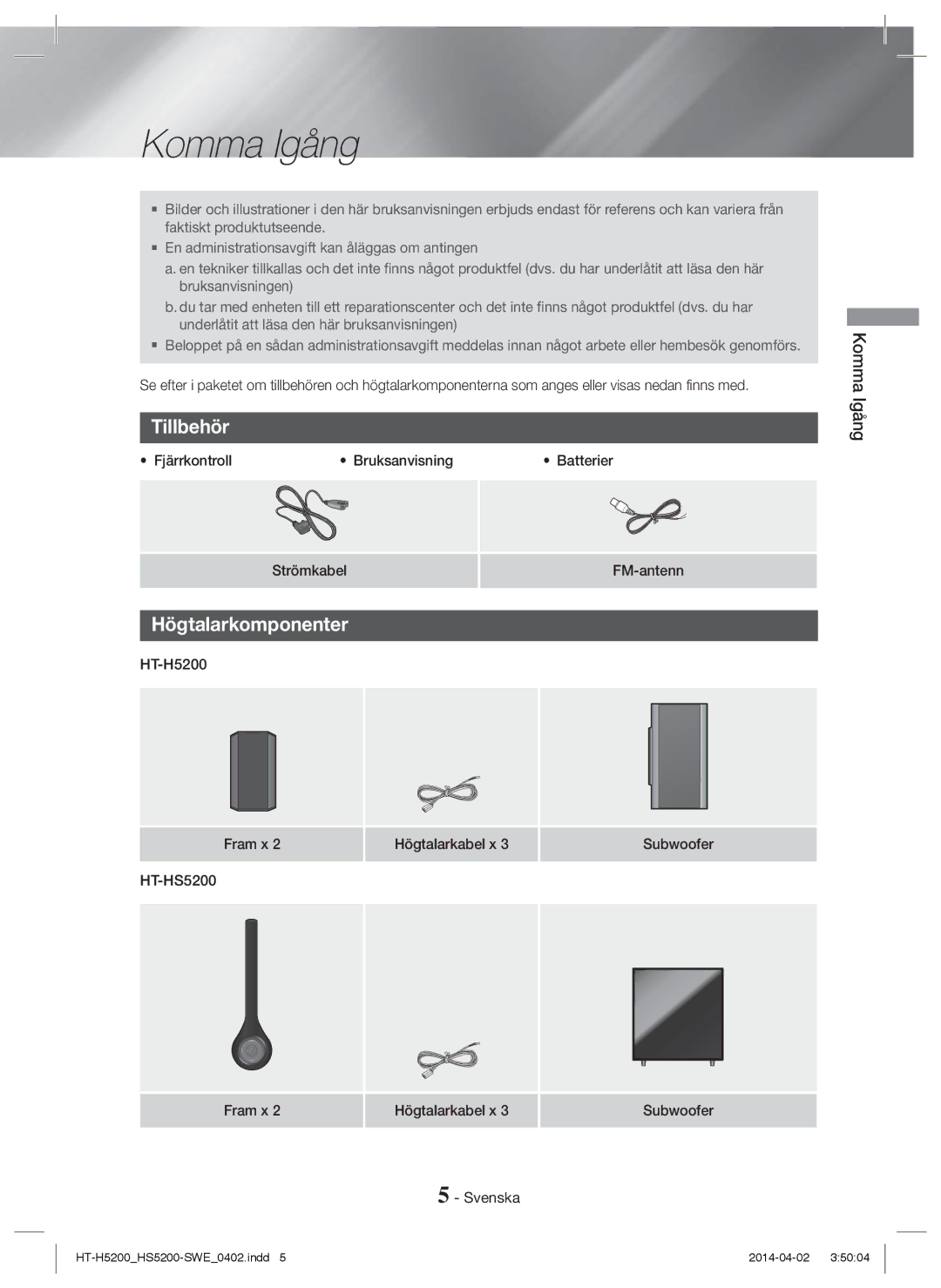 Samsung HT-HS5200/XN, HT-HS5200/EN, HT-H5200/EN, HT-HS5200/ZF, HT-H5200/ZF manual Komma Igång, Tillbehör, Högtalarkomponenter 