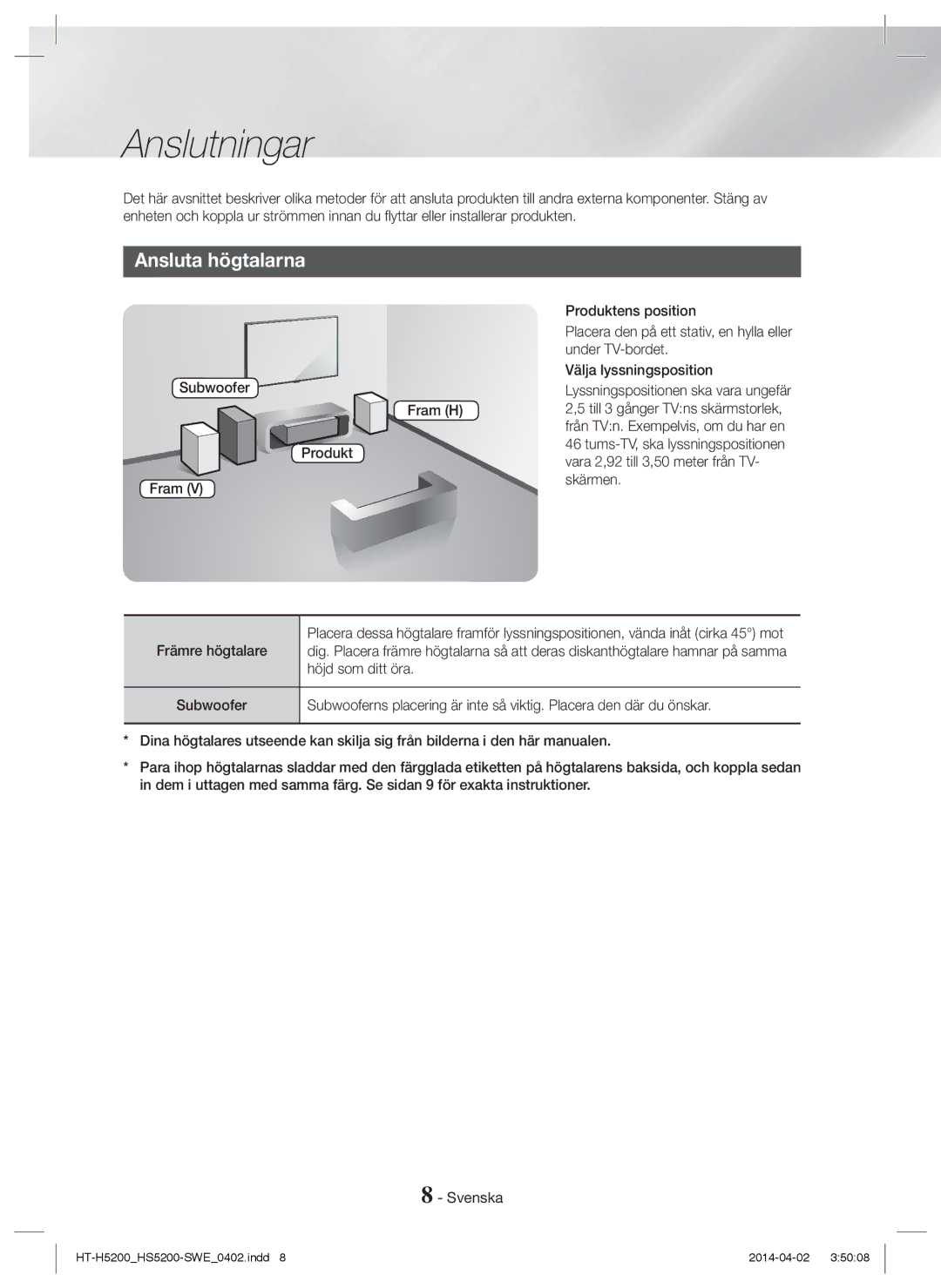 Samsung HT-HS5200/EN, HT-H5200/EN, HT-HS5200/ZF, HT-H5200/ZF, HT-H5200/XU, HT-HS5200/XN manual Anslutningar, Ansluta högtalarna 