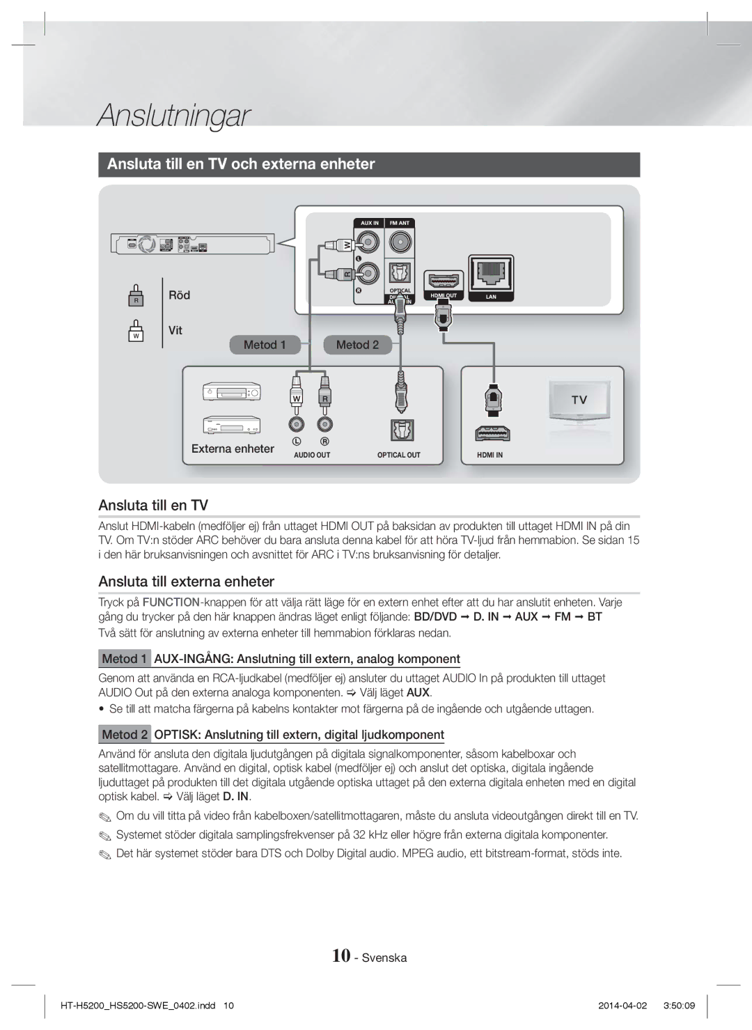 Samsung HT-HS5200/ZF, HT-HS5200/EN, HT-H5200/EN manual Ansluta till en TV och externa enheter, Ansluta till externa enheter 