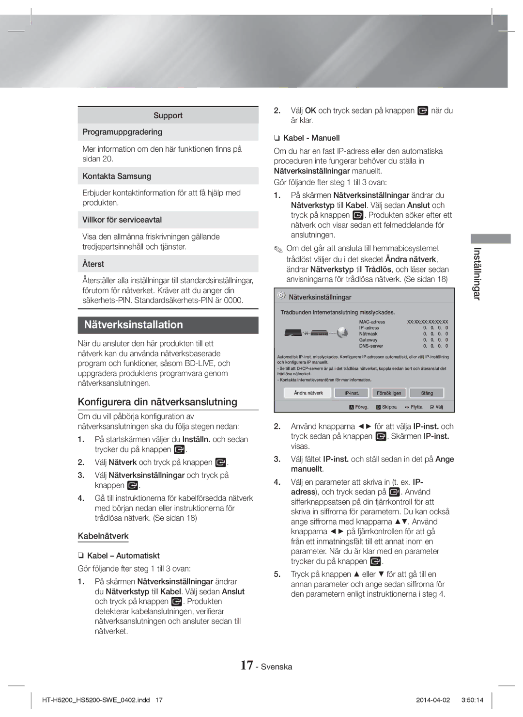 Samsung HT-H5200/EN, HT-HS5200/EN manual Nätverksinstallation, Konfigurera din nätverksanslutning, Kabelnätverk, Återst 