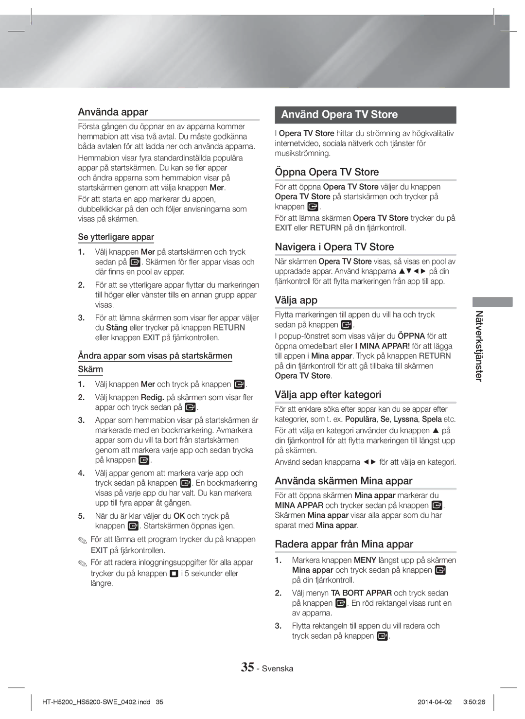 Samsung HT-H5200/ZF, HT-HS5200/EN, HT-H5200/EN, HT-HS5200/ZF, HT-H5200/XU, HT-HS5200/XN, HT-H5200/XN manual Använd Opera TV Store 